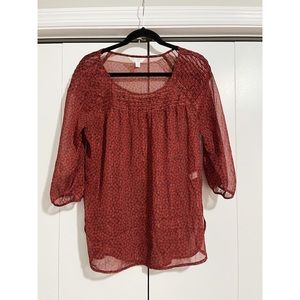 LC Lauren Conrad Cranberry and Maroon Sheer Floral Large Scoop Neck Blouse